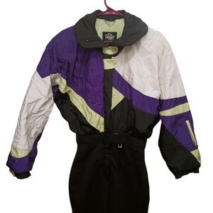 Vintage Roffe One Piece Ski Suit Black Purple Neon White Stirrups Sz 8